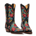 Black leather cowboy boots with colorful floral embroidery